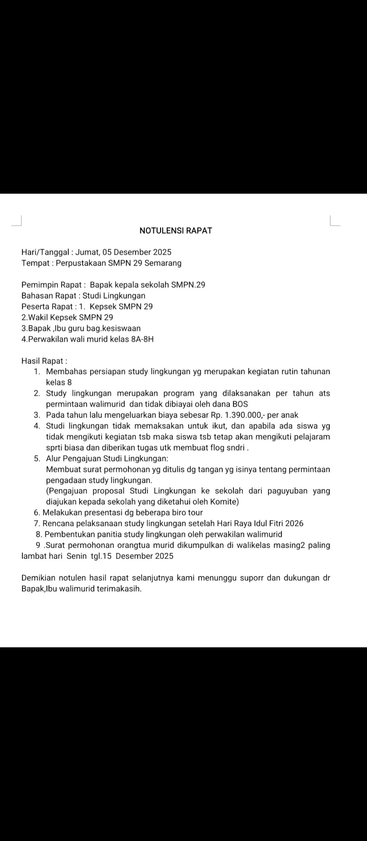 Dugaan Rekayasa rencana kegiatan study tour 2026 SMPN 29 Kota Semarang oleh Kepala Sekolah.